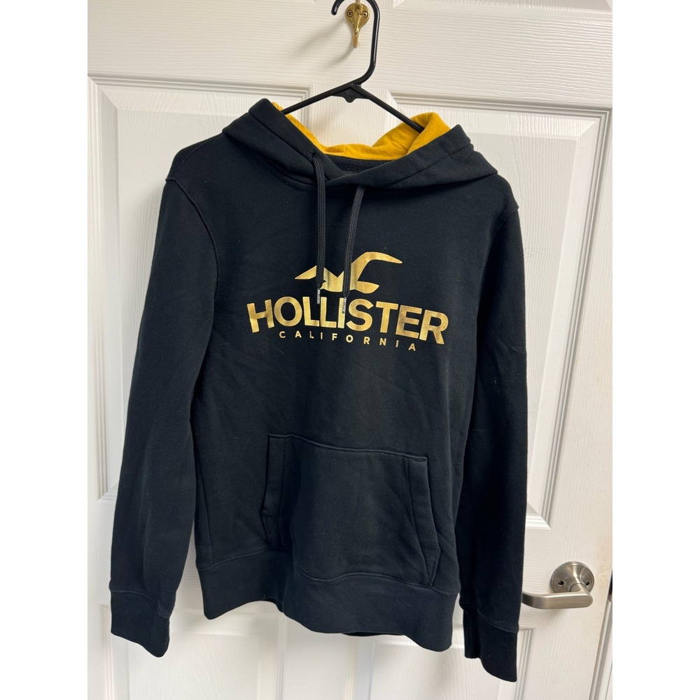 Hollister Hoodie Mens Small Black Gold Foil Graphic Pullover Yellow Lining Good